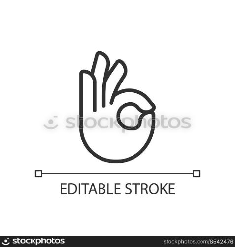 OK gesture pixel perfect linear icon. Agreement sign. Approvement symbol. Body language. Thin line illustration. Contour symbol. Vector outline drawing. Editable stroke. Arial font used. OK gesture pixel perfect linear icon