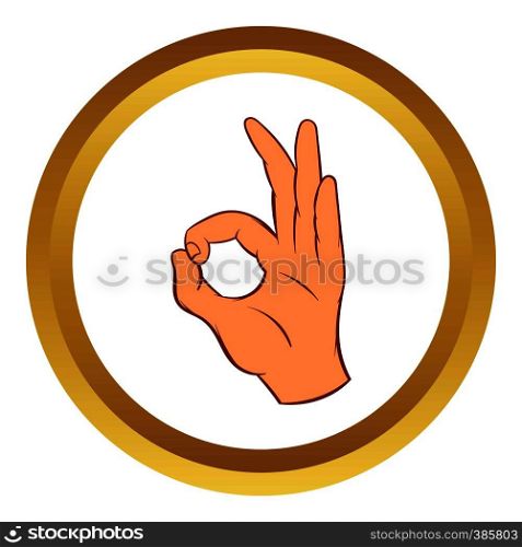 OK sign vector icon in golden circle, cartoon style isolated on white background. OK sign vector icon, cartoon style