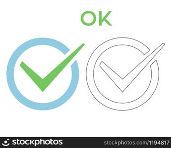 OK. Yes check mark vector icon. Color and outline positive checklist button success sign. Green correct tick symbol in a circle