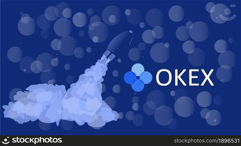 Okex cryptocurrency stock market name with logo on abstract digital background. Crypto stock exchange for news and media. Vector EPS10.