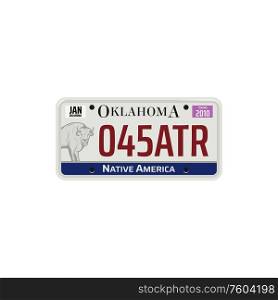 Oklahoma car registration sign isolated USA state vehicle number plate. Vector automobile license. Car registration license Oklahoma state isolated