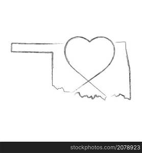 Oklahoma US state hand drawn pencil sketch outline map with heart shape. Continuous line drawing of patriotic home sign. A love for a small homeland. T-shirt print idea. Vector illustration.. Oklahoma US state hand drawn pencil sketch outline map with the handwritten heart shape. Vector illustration