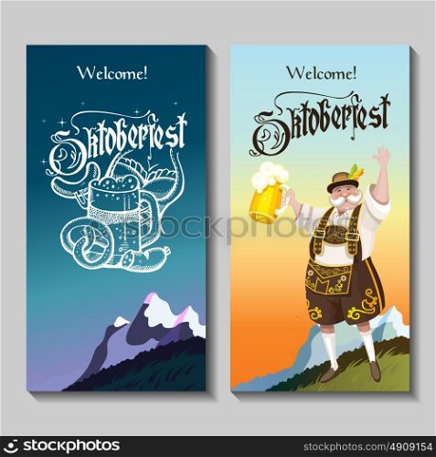 Oktoberfest. A set of posters. German landscape in national costume with a beer . Beer mug hand drawn.