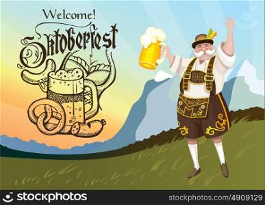 Oktoberfest. A truly German national costume with a beer amid the scenery.