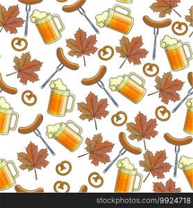 Oktoberfest alcoholic beverage poured in glass seamless pattern or beer, sausages and pretzels. Sausage with meat, refreshing alcohol. Maple tree leaves and traditional snack. Vector in flat style. Beer alcoholic beverage, pretzels snack and maple leaves seamless pattern