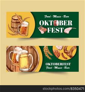 Oktoberfest banner design with beer, pretzel, sausage watercolor illustration template.