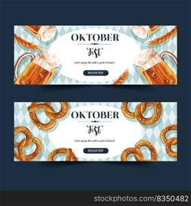Oktoberfest banner design with beer, pretzel, wheat watercolor illustration.