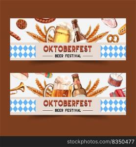 Oktoberfest banner design with beer, sausage, pretzel and musical instruments watercolor illustration.