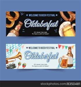 Oktoberfest banner design with pretzel, beer, musical instrument watercolor illustration.