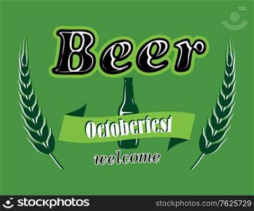 Oktoberfest beer banner with bottle ear ribbon and text ?? oktoberfest ?? beer. Dark green, white and black colors