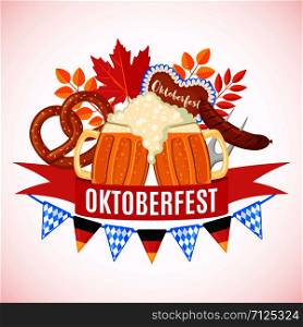 Oktoberfest beer festival elements in flat style isolated on white background. Design for posters, banners, web or cards. Vector illustration.. Oktoberfest beer festival design in flat style.