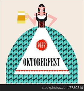 Oktoberfest. Beer festival in Germany. A German brunette girl in a national costume with a beer mug. Vector illustration in a flat style.. Oktoberfest. A German girl in a national costume with a beer mug. Vector illustration. Beer festival.