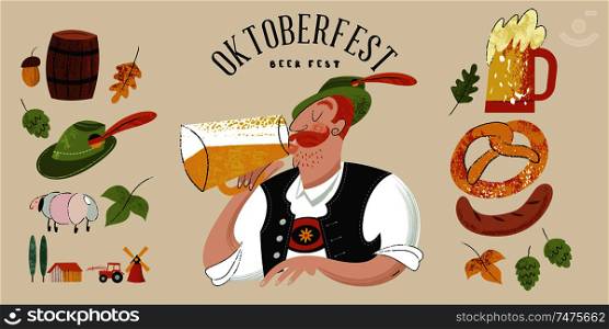 Oktoberfest. Beer festival in Germany. Vector flat illustration with textures. A man in a Tyrolean hat drinking beer.. Oktoberfest, beer festival. Characters in German national dress drink beer from large mugs. Vector flat illustration with hand drawn unique textures.