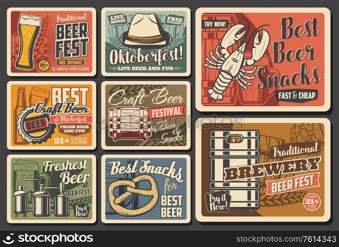 Oktoberfest beer festival pub alcohol drink vector retro posters. Mugs, glass and bottles of German fest craft beer, pretzel and brewery barrels of ale and lager, barley and malt, hop and wheat. Oktoberfest holiday festival, beer drink