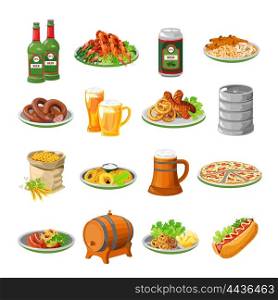 Oktoberfest Beer Food Flat Icons Set . Annual oktoberfest festival traditional food with sausage and beer barrel flat icons collection abstract isolated vector illustration