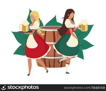 Oktoberfest beer maids flat concept vector illustration. Bavarian girls wearing dirndl costumes isolated 2D cartoon characters on white for web design. German traditional fashion creative idea. Oktoberfest beer maids flat concept vector illustration
