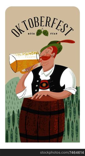 Oktoberfest beer party. Beer festival in Germany. A man in traditional German clothes drinking beer. Vector hand drawn illustration.. Oktoberfest beer party. Beer festival in Germany. Vector illustration.