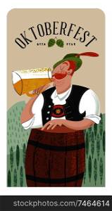 Oktoberfest beer party. Beer festival in Germany. A man in traditional German clothes drinking beer. Vector hand drawn illustration.. Oktoberfest beer party. Beer festival in Germany. Vector illustration.