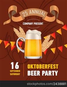Oktoberfest beer party lettering with beer mug. Holiday, celebration or offer design. Typed text, calligraphy. For leaflets, invitations, posters or banners.