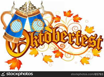 Oktoberfest Celebration design with glass of beer autumn leaves