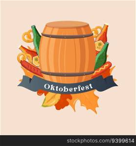 Oktoberfest emblem beer, bottle, bretzels and sausages. Vector illustration. Oktoberfest emblem beer, bottle, bretzels and sausages