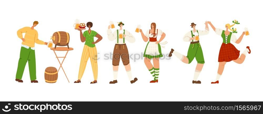Oktoberfest event or beer festival - group of people together dancing, holding beer mugs, celebrating in traditional bavarian costumes on party. Men and women have fun - vector characters isolated. people on octoberfest or beer festival - vector