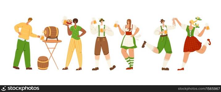 Oktoberfest event or beer festival - group of people together dancing, holding beer mugs, celebrating in traditional bavarian costumes on party. Men and women have fun - vector characters isolated. people on octoberfest or beer festival - vector
