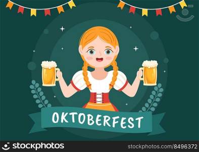 Oktoberfest Festival Cartoon Illustration with Bavarian Costume Holding Beer Glass while Dancing in Traditional German in Flat Style Design