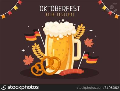 Oktoberfest Festival Cartoon Illustration with Beer Glass or Bottle in Traditional German in Flat Style Background Design