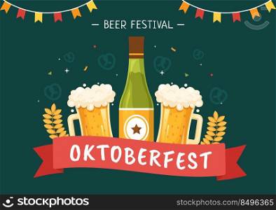Oktoberfest Festival Cartoon Illustration with Beer Glass or Bottle in Traditional German in Flat Style Background Design