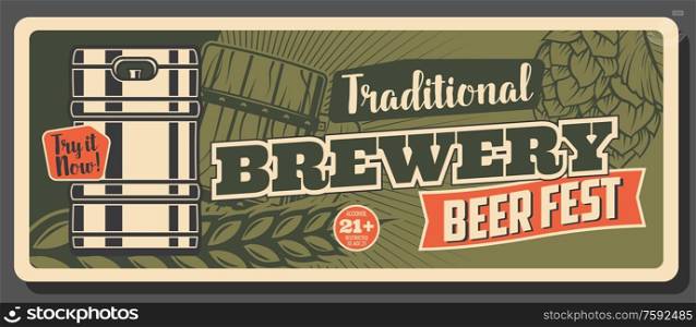 Oktoberfest festival, German craft beer brewery pub and bar vintage retro banner. Vector German traditional Oktoberfest brew house beer in wooden barrel and cask, wheat malt and hop. Traditional brewery fest, Oktoberfest craft beer