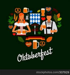 Oktoberfest flat elements in shape of heart with hops, beer and avatars in traditional german clothes. Oktoberfest flat elements