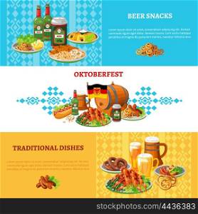 Oktoberfest Flat Horizontal Banners Set . German traditional world largest folk festival ortoberfest 3 flat banners set with beer and snacks abstract vector illustration