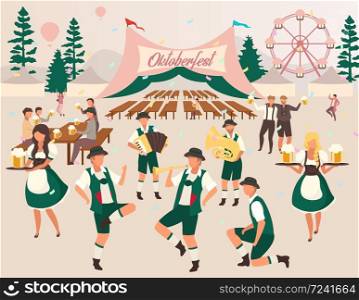 Oktoberfest flat vector illustration. Beer tent. Folk music and dances. Beer Festival, october fest show. Waiters in national costumes. Visitors with cups of alcohol. Volksfest cartoon characters