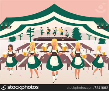 Oktoberfest flat vector illustration. Beer tent. Folk musical performance. Traditional Beer Festival show. Waiters in national costumes serving drinks. Volksfest cartoon characters