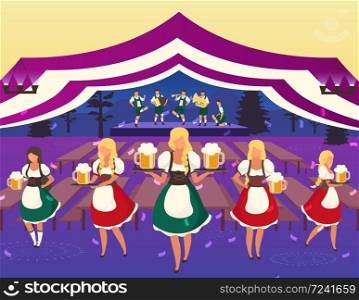Oktoberfest flat vector illustration. Folk musical performance. Beer Festival. Waiters in national costumes serving drinks. Beer tent. Volksfest, october fest waitress cartoon characters