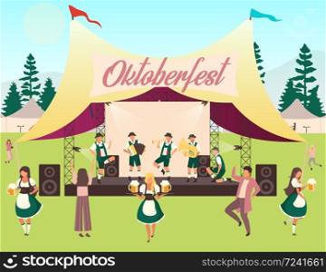 Oktoberfest flat vector illustration. Music and dances. Folk performance in tent. Beer Festival, october fest concert. People in national costumes carry beer and dancing. Volksfest cartoon characters