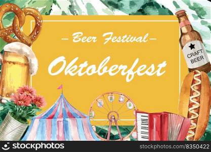 Oktoberfest frame design pretzel, beer and entertainment watercolor illustration.