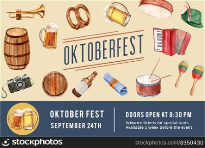Oktoberfest frame design with beer, pretzel, entertainment watercolor illustration.