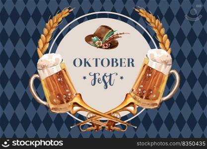 Oktoberfest frame design with beer, tyrolean hat, wheat and trumpet watercolor illustration.