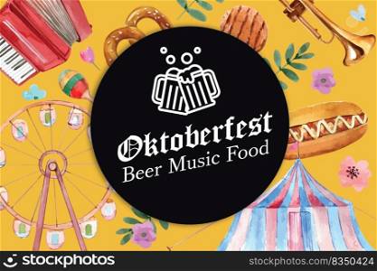 Oktoberfest frame design with entertainment, pretzel and barbecue watercolor illustration.