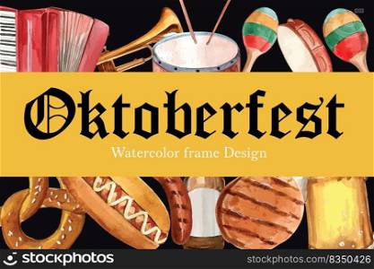 Oktoberfest frame design with pretzel, sausage, beer and entertainment watercolor illustration.