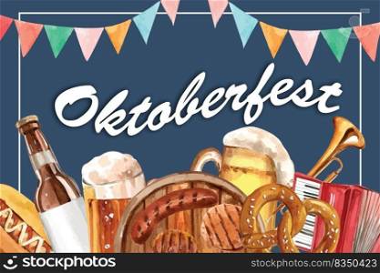 Oktoberfest frame design with sausage, pretzel, beer and entertainment watercolor illustration.