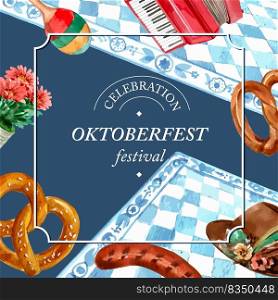 Oktoberfest frame with bakery, bread, pretzel,μsic, flower design watercolor illustration 