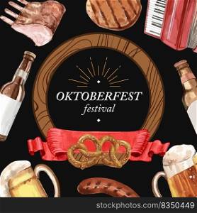 Oktoberfest  frame with beverage, brewery, alcohol, steak, beef design watercolor illustration 