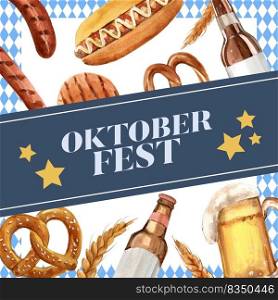 Oktoberfest  frame with cereal, toast, sausage, bread, barley, beer design watercolor illustration 