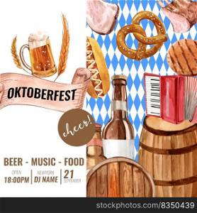 Oktoberfest frame with cheer, food, alcohol, music, accordion design watercolor illustration 
