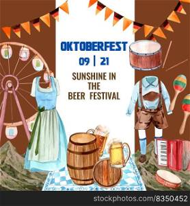 Oktoberfest frame with costume, beer, flag, Belgium, drum, swing design watercolor illustration 