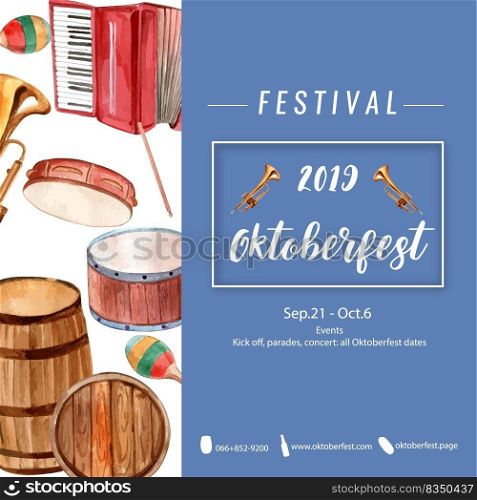 Oktoberfest frame with event, drum, trumpet, percussion, accordion design watercolor illustration 