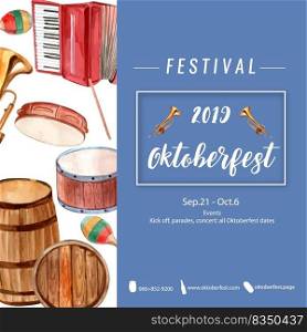 Oktoberfest frame with event, drum, trumpet, percussion, accordion design watercolor illustration 